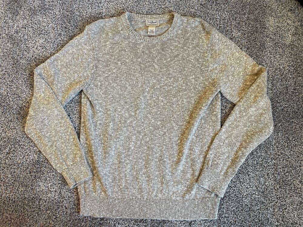 LL Bean Men's Medium 100% Cotton Marled Crewneck Sweater Tan White